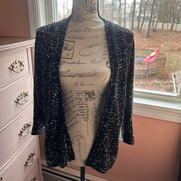 Express Black Silver Sequin Open Front Sweater Cardigan Jacket Holiday Party - Picture 1 of 7